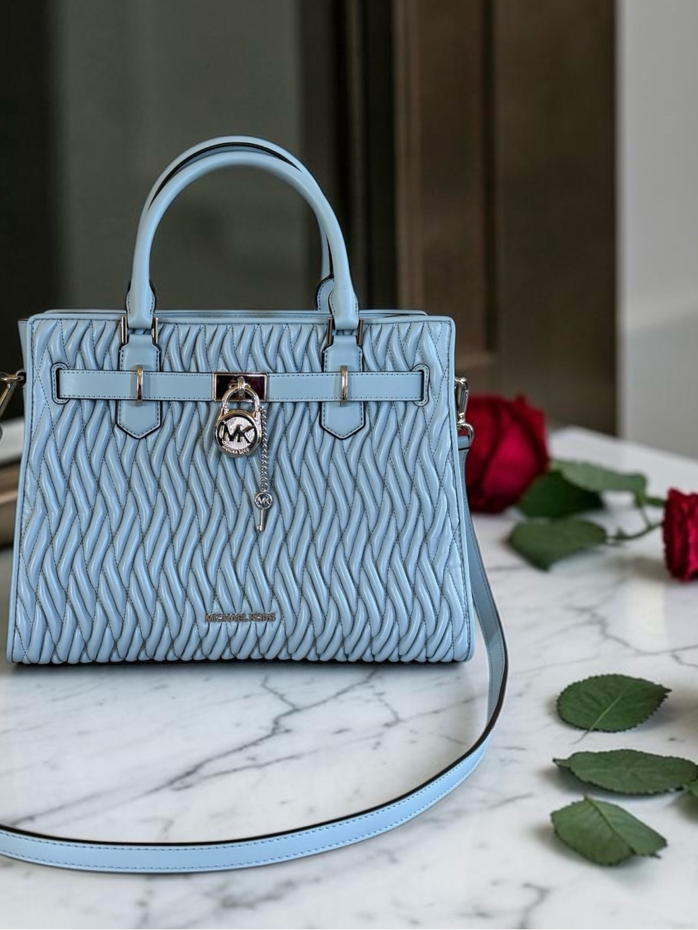 Michael Kors Powder Blue Quilted Leather Satchel with Charm